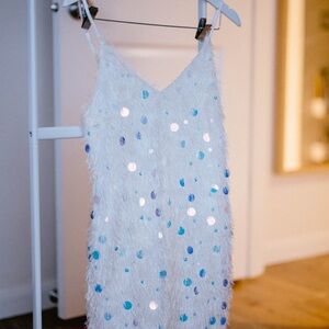 White Sequin Dress with Blue Accents
